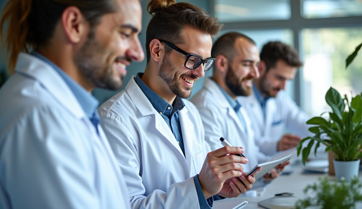 A group of diverse professionals, including scientists and wellness experts, smiling and collaborating in a modern lab or research facility, symbolizing expertise and innovation.