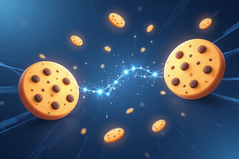 A stylized representation of internet cookies, depicted as small, glowing data packets flowing between a web browser icon and a server icon, conveying data exchange and user experience enhancement. The background is subtle and technological. No text in the image.