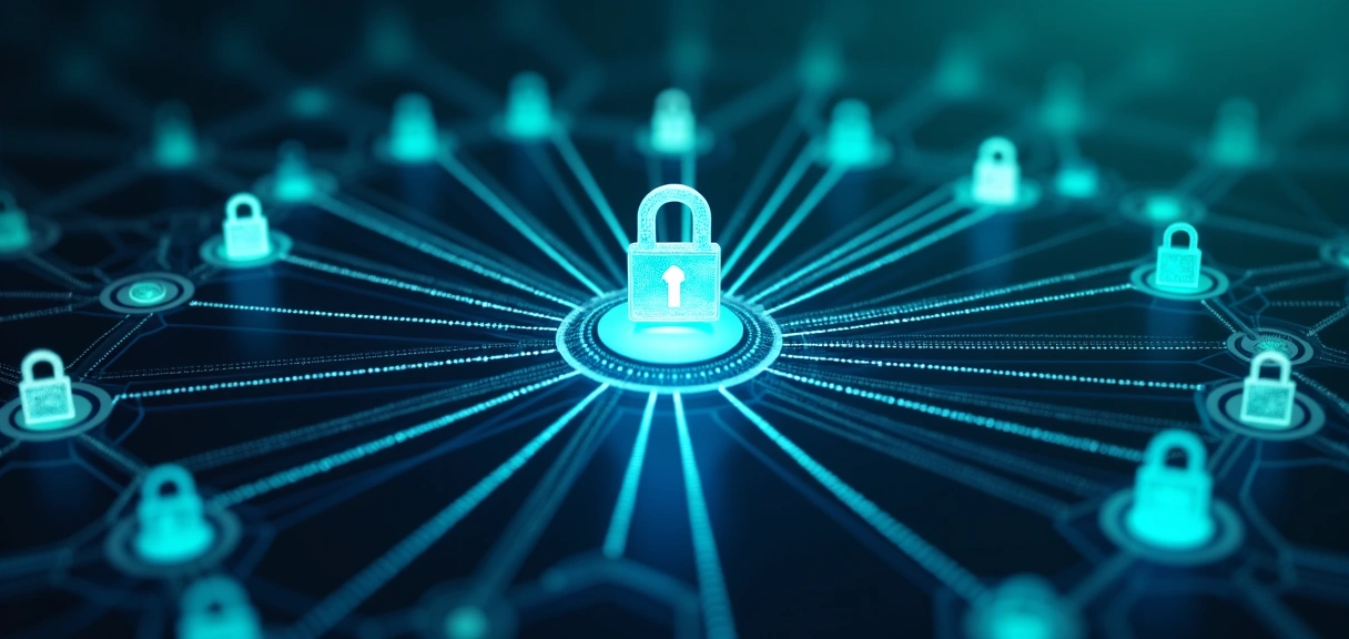 Abstract image representing data security and privacy, with interconnected digital shields and locks, no text.