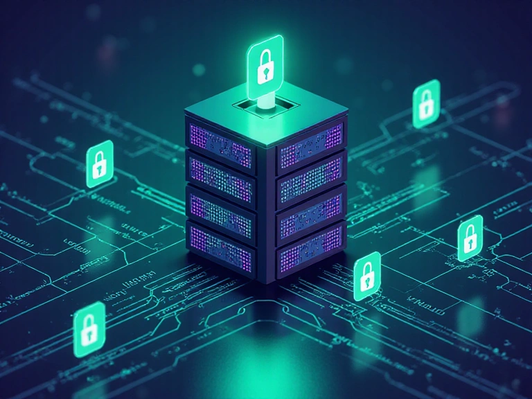 Digital representation of secure data storage with encryption symbols and a locked server rack.